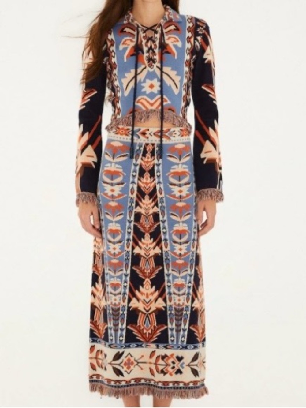 NWT FARM Rio Multicolor Tapestry Fringes Knit Midi Skirt size small reg $180